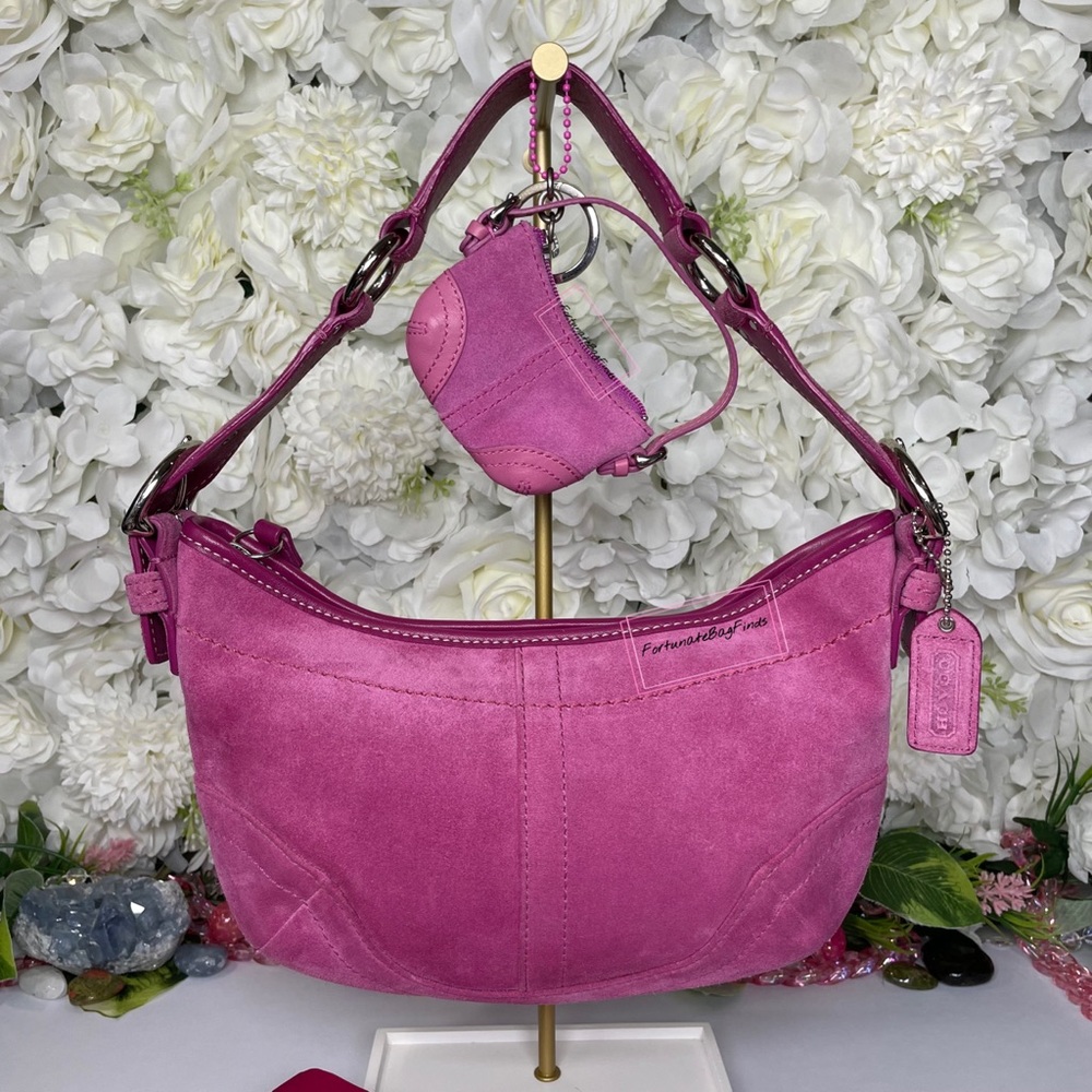 Y2K Vintage Pink Coach Soho Suede Hobo 9658 & Mini Soho Hobo Bag Charm 1659 SET - Picture 4 of 16